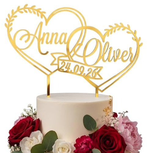 decoresca Personalisierter Cake Topper Hochzeit mit Namen und Datum – Individueller Tortenstecker für die Hochzeitstorte – Design Herz mit Lorbeer – Verschiedene Materialien und Größen – Made in EU