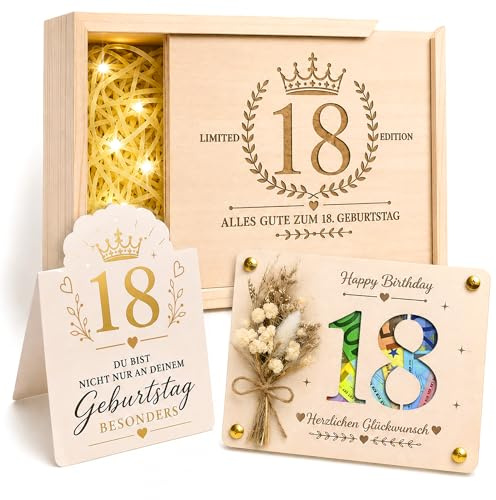 Geldgeschenke Geburtstag 18 aus Holz, 18 Geldgeschenk Verpackung Geschenkbox mit Geldrahmen, Trockenblumen, Geschenk 18 Geburtstag Mädchen Junge, Geburtstagsgeschenk zur Volljährigkeit