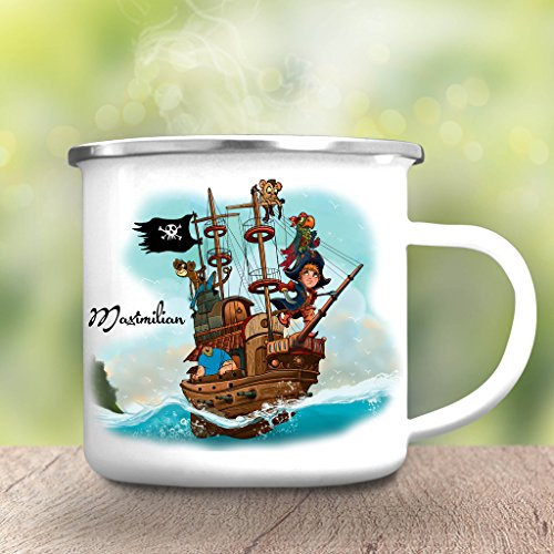 Wandtattoo-Loft Campingbecher Piratenbande mit Papagei und Affen auf einem Piratenschiff mit WUNSCHNAMEN Emaille Tasse / / Becher mit Motiv/silberner Tassenrand