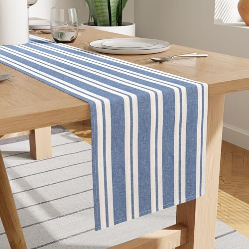 Encasa XO Baumwoll-Tischläufer 8 Seater | Größe 32x264 cm | Franca Blaue Streifen - Maschinenwaschbar & Langlebig