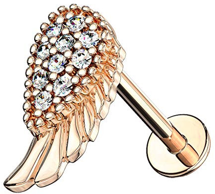 Piercingfaktor Universal Piercing Tragus Helix Ohr Cartilage Stab Labret Stecker Madonna Lippenpiercing Lippe mit Kristall Engelsflügel Rosegold 6mm