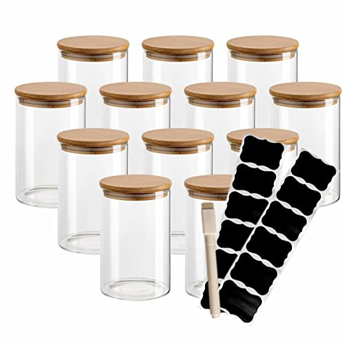gouveo 12er Set 500 ml Glasbehälter rund aus Borosilikatglas mit Deckel und Etiketten - Vorratsgläser, Gewürzgläser, Glasdosen, Vorratsdose