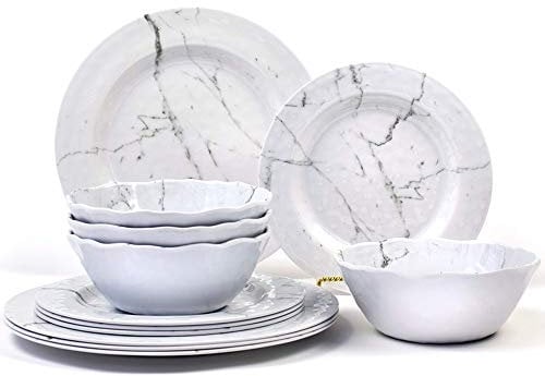 Service de table 12 pièces en mélamine – pour intérieur/extérieur, incassable, léger, sans BPA, service pour 4 personnes, motif marbre