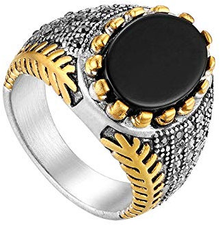JewelryWe Herren-Ring, Vintage Edelstahl Schwarz Achat Siegelring Band Ring für Herren Männer Hochzeit Engagement Ringe, Gold Silber - Größe 59