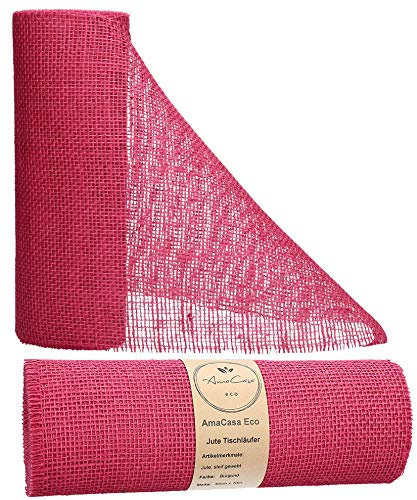 AmaCasa Eco Tischläufer Jute 30cm breit, 10m Rolle | gestärkter Jutestreifen mit kompostierbarem Etikett | Tischband für Tischband für wundervolle Dekorationen in vielen Farben (Burgund, 30cm/10m)