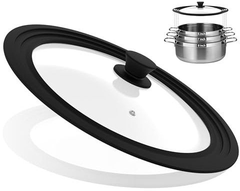 Universal Pots, Pans and Skillets Vented Tempered Glass, Fits 6 inch, 7 inch, 8 inch Cookware, Replacement Lid, Black