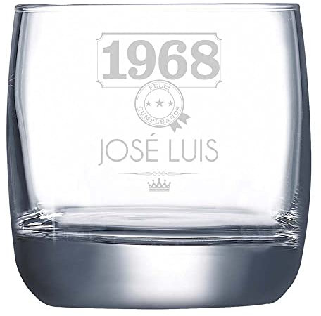 Calledelregalo Vaso de whisky grabado con su nombre y año de nacimiento. Vaso de cristal de 31 cl con estuche regalo.