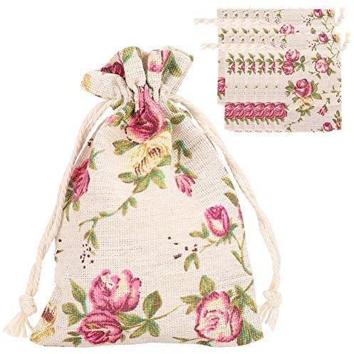 HERCHR 50pcs Sacs en Toile de Jute, Petite Pochettes Cadeau à Motif Rose avec Cordon de Serrage Sacs de Rangement en Jute pour Le Mariage, Fête, Anniversaire, 9,5 x 14cm