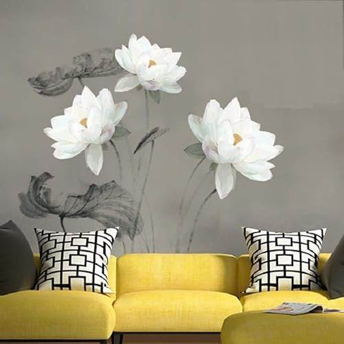 COVPAW® Wandtattoo Wandaufkleber XXL Lotus White Lotusblatt Blumen Wandsticker Wandbild Bilder Wohnzimmer Schlafzimmer Deco