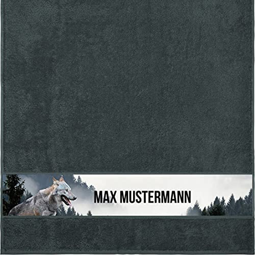 Manutextur Duschtuch mit Namen - personalisiert - Motiv Wolf - viele Farben & Tiermotiven - Dusch-Handtuch - anthrazit - Größe 70x140 cm - persönliches Geschenk mit Wunsch-Motiv und Wunsch-Name