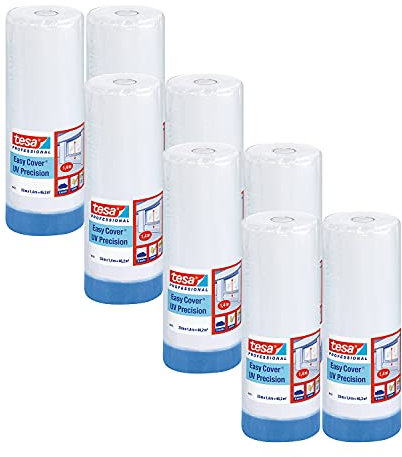 tesa Easy Cover 4411 UV Präzision - 8er Pack - Malerfolie mit Malerkrepp zum Abkleben und Abdecken - 2-in-1 Malerband mit Folie - weiß-transparent - je 33 m x 1,4 m