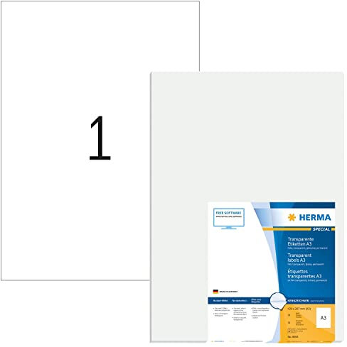 HERMA 8694 Wetterfeste Folienetiketten transparent, 350 Blatt, 297 x 420 mm, 1 pro A3 Bogen, 350 Stück, selbstklebend, bedruckbar, glänzend, blanko Klebeetiketten Aufkleber aus Folie, durchsichtig
