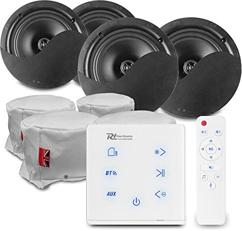 Power Dynamics Powerline Bluetooth Ceiling Speaker System - A100W In-Wall Amplifier with 4x NCSS5B Black Ceiling Speakers, Fire Hoods & Speaker Cable for Home Audio Installation