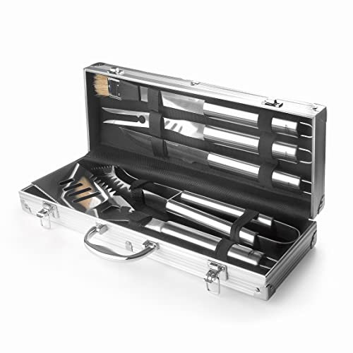 Lacor - 60260 - Valigetta BBQ Utensili, Interno foderato, Contiene 5 Utensili, Parti in acciaio inossidabile, Lavabile in lavastoviglie, 47 x 16 x 8 cm, Alluminio