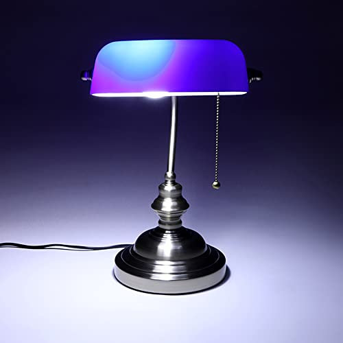 Retro Grün Bankerlampe mit Zugschalter, Vintage Tiffany Schreibtischlampe, Banker Tischlampe Büro, Ø23cm Green Glasschirm, Bürolampe Nachttischlampe, Messing Finish, H36cm, E27 MAX40W (blau)