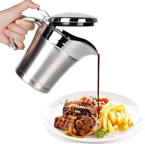 Gravy Boat Stainless Steel Double Insulated Sauce Jug with Hinged Lid, Perfect for Serving Jars of Gravy or Cream for Thanksgiving, Halloween, Christmas (450ML-16oz -Sliver）