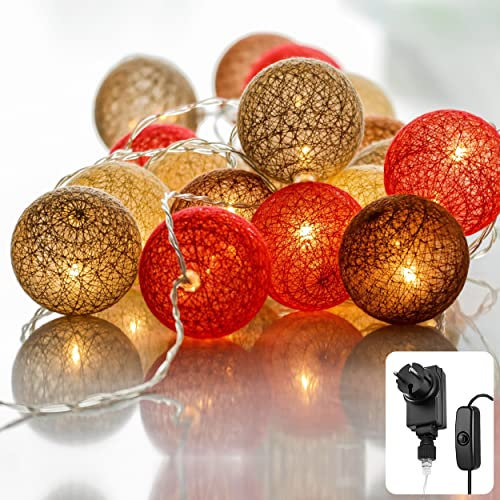 CozyHome Cotton Ball Lichterkette Kugeln Braun - 20 LED & 6m Warmweiß mit Netzstecker | Teenager Hausbett Bunt Deko Lichtergirlande Lichterkette Kinderzimmer I Kugel Mädchenzimmer Kinderlichterketten