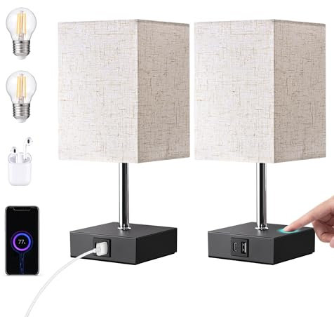 EDISHINE LED Nachttischlampe Touch Dimmbar 2er Set, Tischlampe Modern, Kleine Lampe, mit Ladefunktion, 2 USB Anschlüsse, für Schlafzimmer, Wohnzimmer, Fensterbank, Geschenk, Leinen Lampenschirm