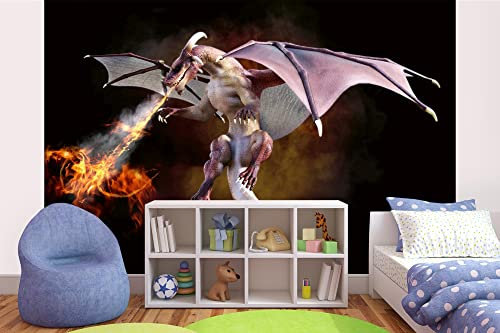 Vlies Fototapete DRACHE BLÄST FEUER 375 x 250 cm (inkl. Kleister) - Vlies Tapete, Wandtapete, Wandbilder - Tapete für Wohnzimmer Schlafzimmer, Büro, Küche - Montagefertig