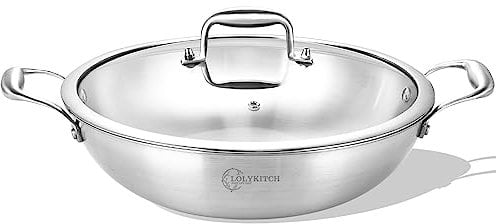 LOLYKITCH 12 Inch Tri-Ply Stainless Steel Wok Pan with Lid,Kadai,5 QT Induction Cooking Pot,Dishwasher and Oven Safe