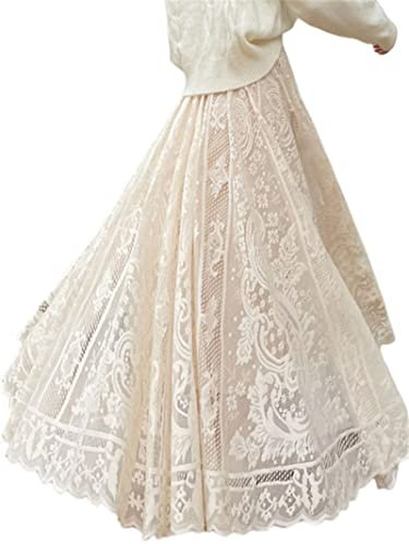 FORKIS Jupe Vintage Femme Dentelle Crochet Parapluie Longue Bohème Taille Haute Creux Maxi Printemps Été