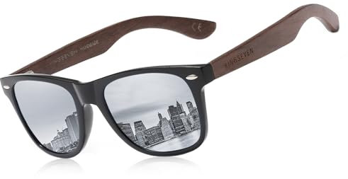 KINGSEVEN Neue schwarze Walnuss-Sonnenbrille, Holz, polarisierte Sonnenbrille, Herrenbrille, handgefertigt, UV400-Schutz, Brillen, Retro-Lederbox (Silber)