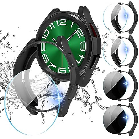 Diruite 4+4Pack for Samsung Galaxy Watch 6 Classic 43mm Case+Screen Protector,Scratch Resistant PC Hollow Shell Cover*4&Privacy Tempered Glass*2+Clear Tempered Glass*2