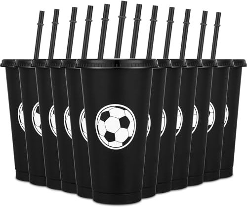 Domensi 12 Pcs Sport Soccer Plastic Tumbler with Lid and Straw 24oz Reusable Plastic Cups Gift for Fan Friend Guest Birthday Office Sport Party Supplies