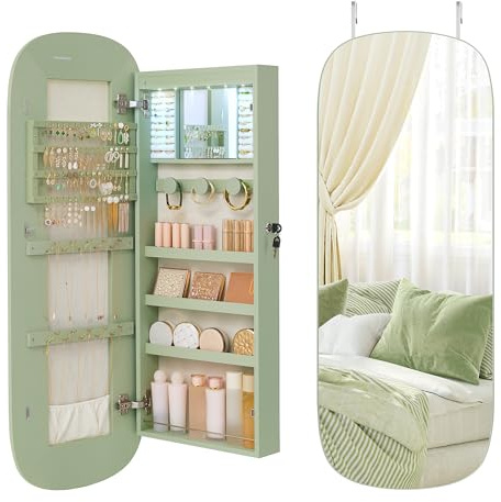 SONGMICS Jewelry Organizer, LED Jewelry Cabinet Wall/Door Mounted, Lockable Rounded Wide Mirror with Storage, Interior Mirror, Gift for Mom, Laurel Green Surface with Cream White Lining