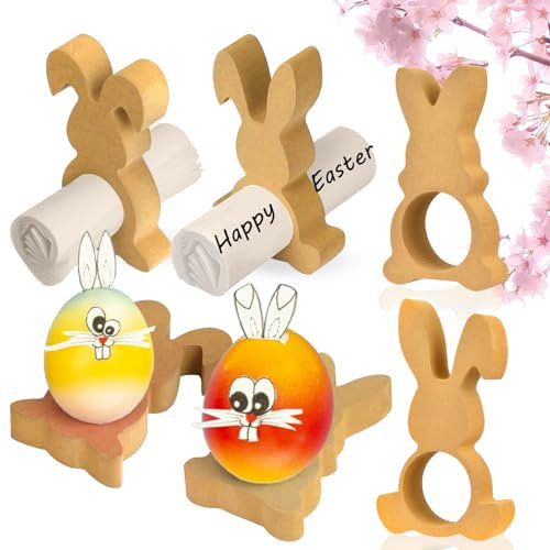Lot De 6 Coquetiers Oeuf en Bois de Lapin - Décoration de Table Amusante pour Pâques - Support pour Œufs De Pâques - Ronds de Serviette en Bois - Parfait pour le Brunch Et le Petit Déjeuner