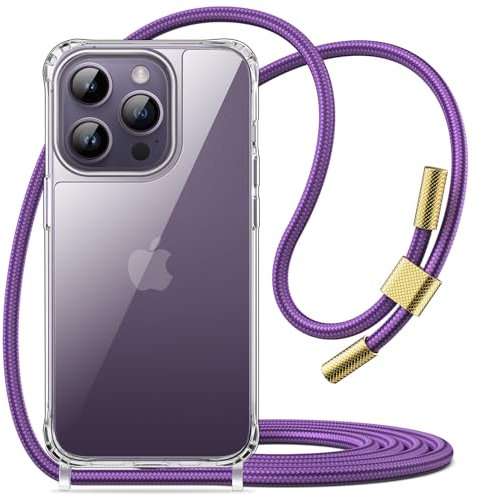 JETech Crossbody Case for iPhone 14 Pro 6.1-Inch with Adjustable Lanyard Strap, Clear Transparent Anti-Yellowing Shockproof Protective Phone Cover with Neck Cord (Deep Purple)