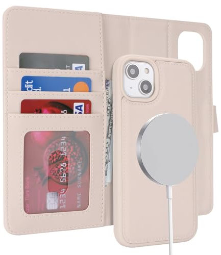ELTEKER Hülle für iPhone 13/14 Handyhülle [Abnehmbare Magnetische] [Kabelloses Laden Kompatibel] Klapphülle Schutzhülle Lederhülle beige