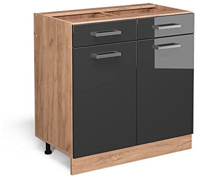 Vicco Schubladenschrank R-Line, Schubladenschrank für die Küche, Anthrazit Hochglanz, 80 cm AP Marmor