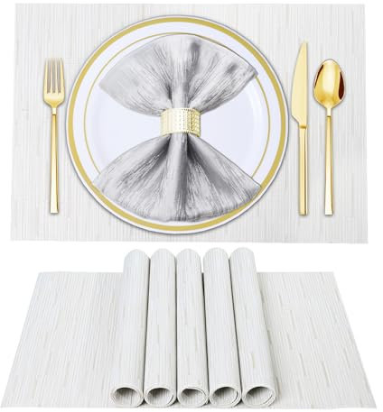 LIFEWAER Tovagliette Colazione Plastica Set di 4 Tovagliette Americane Lavabili Tovagliette Personalizzate Sottopiatti Pranzo per Tavolo da Cucina,S02 Bianco