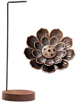 KSOIQPU Brûleur d’encens 2 en 1, base en bois faite à la main avec bobine effilée et porte-encens lotus, brûleur d’encens adapté à la décoration du bureau à la maison yoga méditation