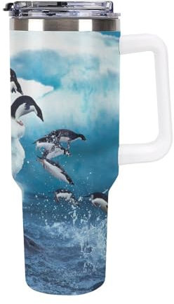 Niapessel Leak Proof Tumbler, Insulated Water Bottles with Straw, Penguin Group Into Ocean Insulated Cup with Handle 40 Oz Stainless Steel Flask for School, Travel, Car, Sports, Work
