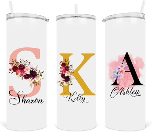 EKAM Personalised Floral Tumbler Stylish Initial with Name - Travel Coffee Mug, 20oz Stainless Steel Tumbler Cup with Straw and Lid, Custom Cup Gift for Christmas Day, Birthday, Any Occasion