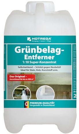HOTREGA Grünbelagentferner 1:10 Super-Konzentrat 2 Liter | Entfernt Algen & Grünbeläge von Stein, Holz, Kunststoff und Keramik | Säure- und chlorfrei
