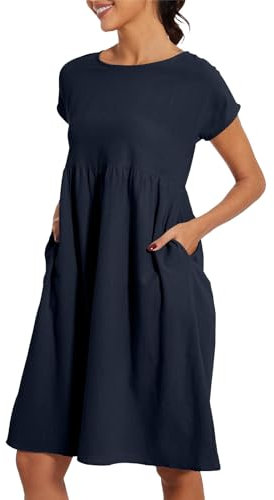 Surttan Sommerkleid Damen Leicht Und Luftig Leinenkleid Kurzarm Strandkleid Rundhalsausschnitt Freizeitkleid Mit Taschen Musselin Kleid Midikleid Einfarbig Große Größen S-5XL
