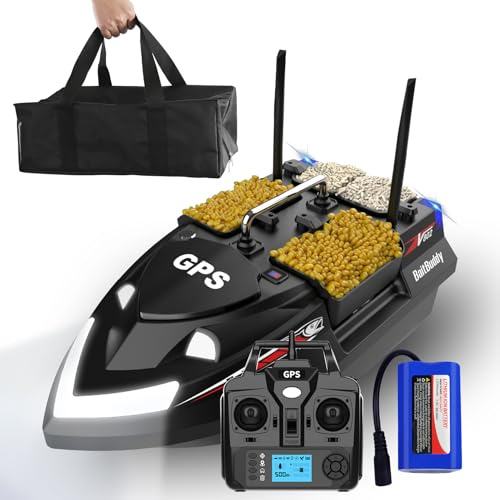 LANGSHI GPS Smart RC Fishing Bait Boat, Auto Cruise Double Motor Dual Antennas 4 Hoppers Large Capacity LED Night Light Boat (Black, 12000 mAh)
