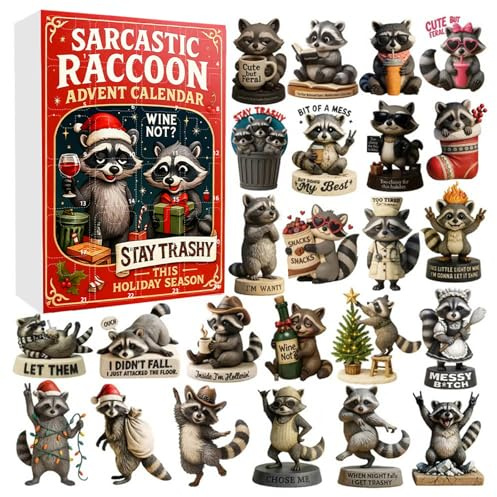 Sarkastischer Waschbär Adventskalender 2025, 24 Tage Lustiger Weihnachts-Countdown mit Acryl Waschbär Ornamenten, Humorvoller Urlaub für Erwachsene & Waschbärliebhaber (C)