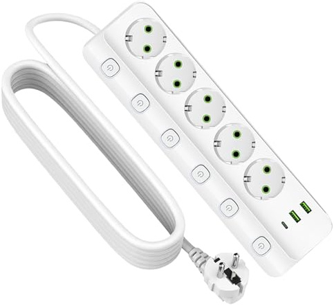Steckdosenleiste Einzeln Schaltbar, Mehrfachsteckdose mit 2 USB-A und 1 USB C, 8-in-1 Steckdosenverteiler mehrfachstecker Steckdosenleiste üiberspannungsschutz für Heim Büro (Weiß)