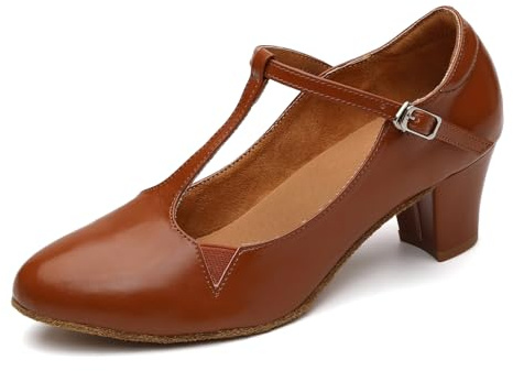 GYUBL Women's T-Strap Character Shoes Brown Latin Ballroom Closed Toe Salsa Tango Dancing Shoes with 2 inch Heels, 3.5 UK