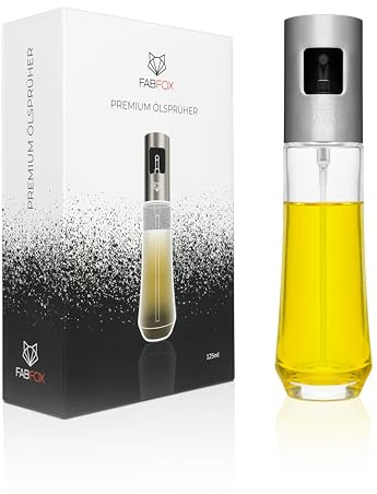FabFox® Premium Ölsprüher – Öl Sprühflasche in modernem Design aus Edelstahl & Glas – Easy-Press-Button für präzise Dosierung & gesundes Kochen – Sprühflasche für Öl und Essig geeignet (Silber)