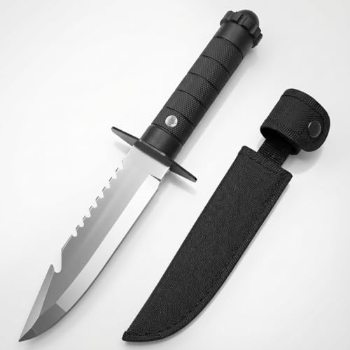 bhkz Survival Messer Outdoor Rostfrei – 14cm Klinge 3Cr13 Edelstahl | Feststehendes Messer mit Sägezahnung & Aufreißhaken – Inkl. ABS-Griff & Sicherheits-Nylonscheide – Camping, Jagd & Bushcraft
