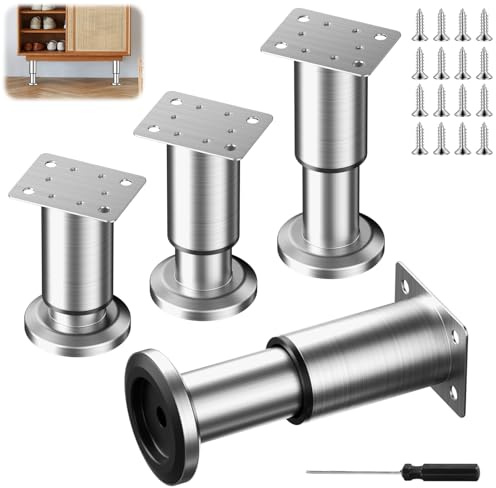 4 Stück Metall Silber Möbelbeine Ø38mm Tischbeine mit Schrauben 8-12cm | Möbelfüße Verstellbar Bettfüße Einstellbar Stützfüße für Möbel Standfüße für Möbel Sofa Bett（Edelstahl）