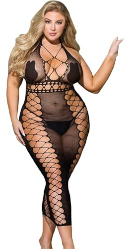 Bodystocking Sexy Mujer de Rejilla Abierta Entrepierna Talla Grande XS-5XL | Camisón de Red y Sin Entrepierna,Transparente y Elásticos,Body de Malla Lenceria Sexy Ropa Interior Jacquard,Suaves y cómodo