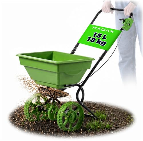 KADAX Carro esparcidor de 15 L con ruedas, esparcidor de abono, salero y esparcidor de semillas para jardín y servicio de invierno, para sal de carretera y fertilizante para césped