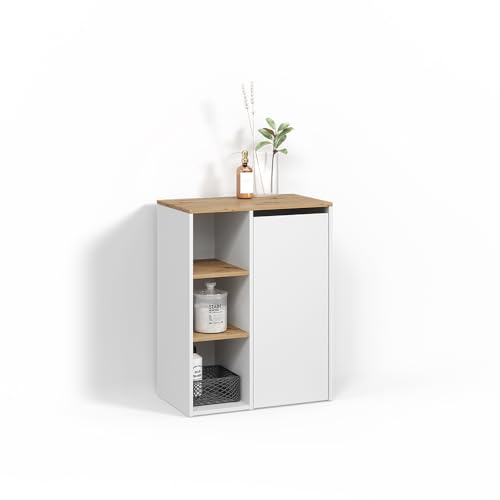Livinity Badschrank Paolina, Weiß/Artisan, 68 x 88.2 cm | mit offenen Regalen und Wäschekorb