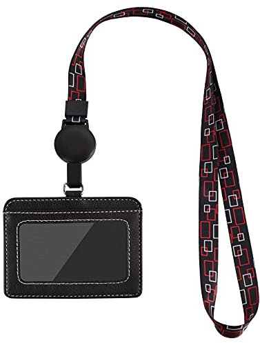 HONZUEN Leder Ausweishülle mit Durable Ausweis jojo und Schlüsselband, Einziehbarer Ausweishalter ID Kartenhalter Lanyard für Mitarbeiter Schule Büro Kreuzfahrt Ausstellung(Horizontal, Schwarz)